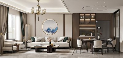 新中式别墅客餐厅3D模型下载